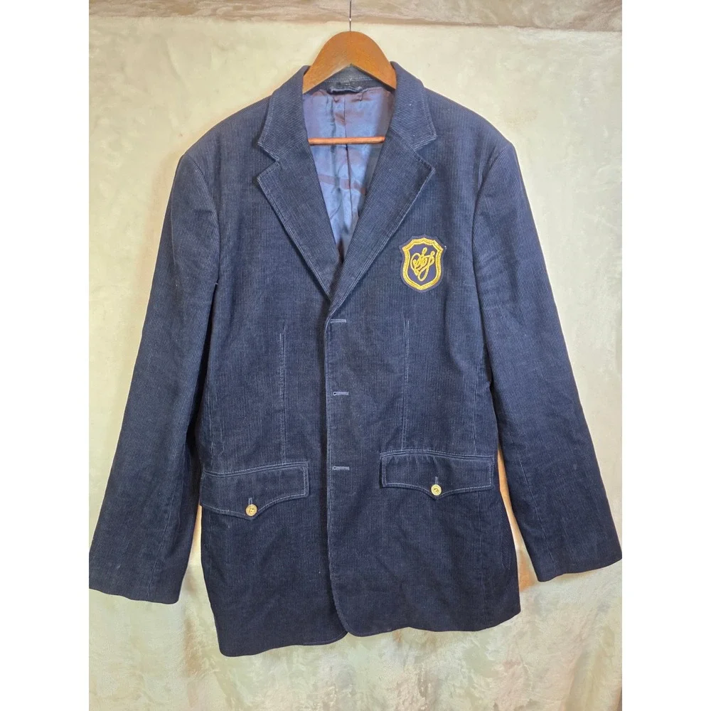 Sean John Mens XXL Navy Blue Corduroy Blazer Jacket Gold Crest Two Button Cotton